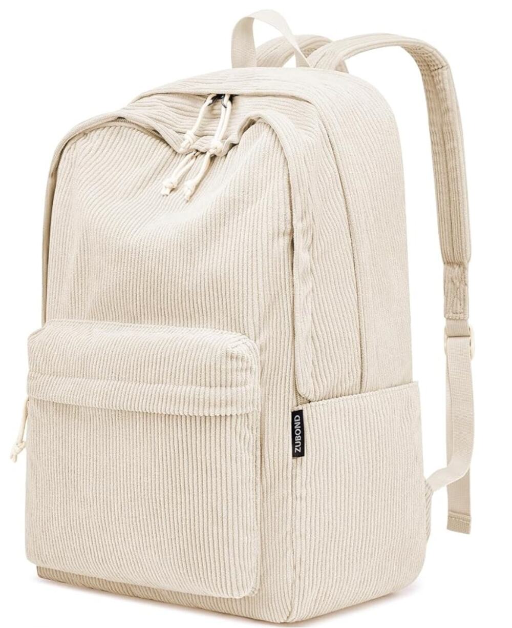 Lightweight Corduroy School Bookbag, Large Laptop Backpack- Beige